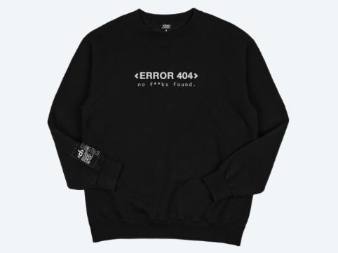 A black sweatshirt with the text '<Error 404> - No f**ks found.