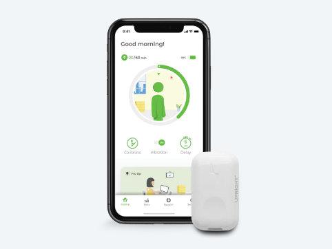 A white Upright Go 2 smart posture device next to a mobile phone displaying the Upright Go application