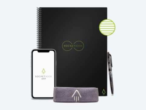 A black Rocketbook 32 Pages 8.5"x11" core spiral smart notebook alongside a Pilot Frixion pen and a Rocketbook cloth